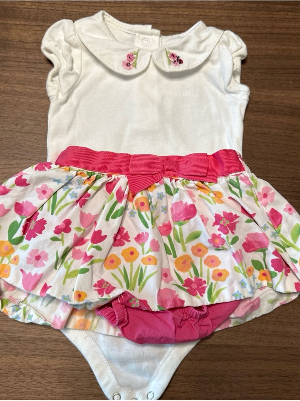 Gymboree White Bodice Floral Skirted Onesie with Pink Bow